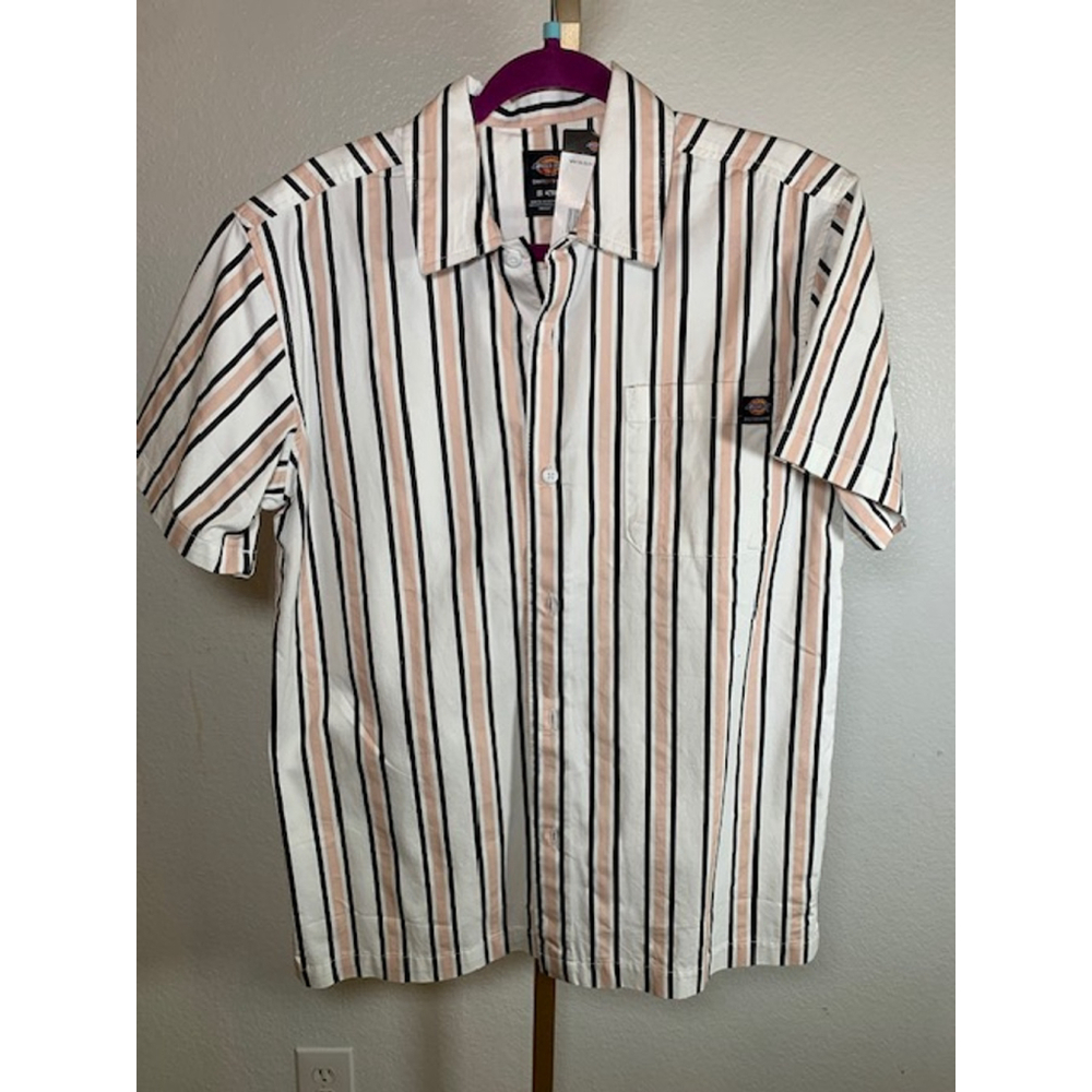 NWT Men's Dickies Striped Short Sleeve Button Down Shirt Size S White Pink